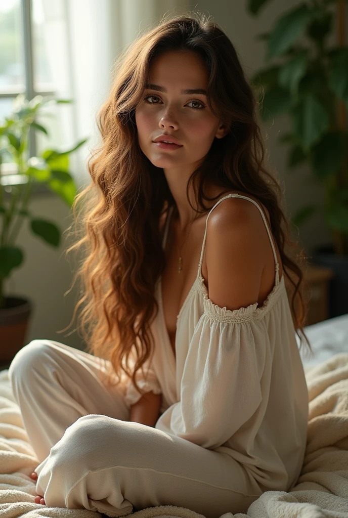 (photorealism:1.2), beautiful woman, sitting on bed, wearing loose off-shoulder top, pajama pants, long curly hair, indoors, soft lighting, plants in background, window with sunlight, cozy room, relaxed pose, realistic, intricate details, warm colors, by Greg Rutkowski, by Alphonse Mucha