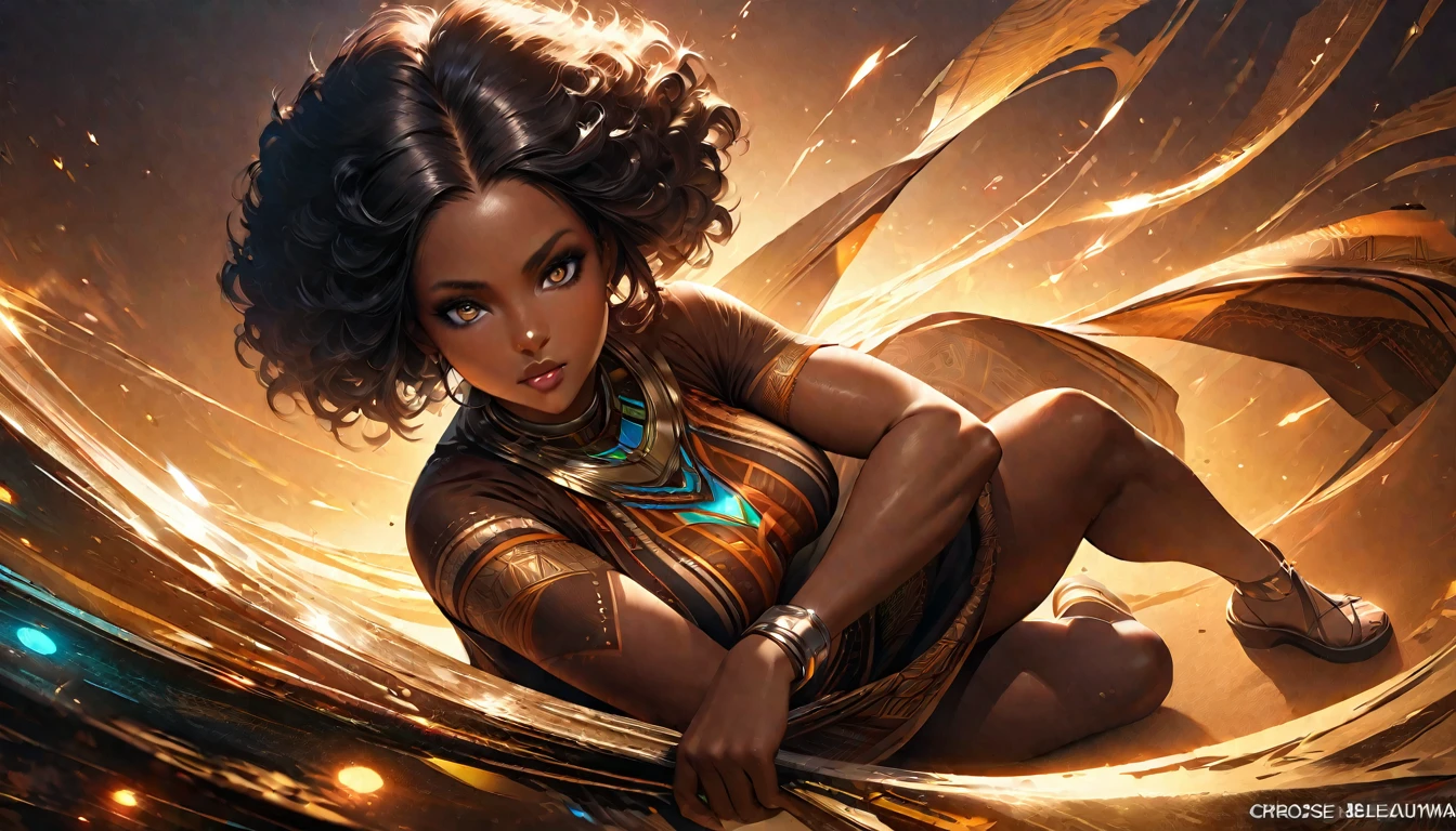 ((Plain background: 1.5)), ((Full body: 1.5)), ((dark-skinned beautiful African woman: 1.7)) with short curly black hair, strong body, thick amine body, afro futuristic,video game splash screen, Realistic, top quality picture, 4K, ultra HD |, ((master part))), (((best qualityer))), ((ultra detali)),(Highly detailed CG illustration), Cinematic light, camera: Choose an angle that highlights the beauty of the character. resolution: Aim for a high-resolution artwork to showcase intricate details and clarity