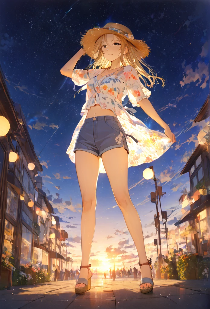 ((masterpiece)),(((Highest quality))),Thin thighs,Long legs,whole body:1.5，(One Girl:1.3),(More beautiful casual summer outfits：1.3),(Wearing light casual clothes:1.2),Short Blonde:1.2、Model pose，Gravure idol、
、flowerpunk、Sparkling light particles、Vivid gradient effect