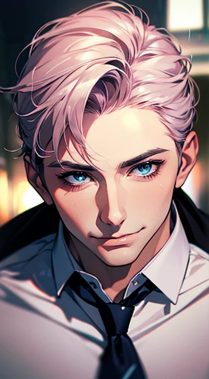 (Highest quality,4K,8K,High resolution,masterpiece:1.2),Super detailed,(Realistic,photoRealistic,photo-Realistic:1.37),1 person,31 years old,Mature Men,Beautiful skin、very handsome,Expressionless,smile,Short gray pink hair,blue eyes,Sharp Eyes,A perfect face without a doubt,Businessman,Office Background,Cinema Lighting,HDR image,tie、