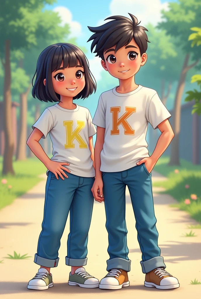 A girl cut black hari shot wear blue colour trouser white colour k letter t-shirt near a boy in short wear blue colour trousers white colour M letter t-shirt boy short than girl