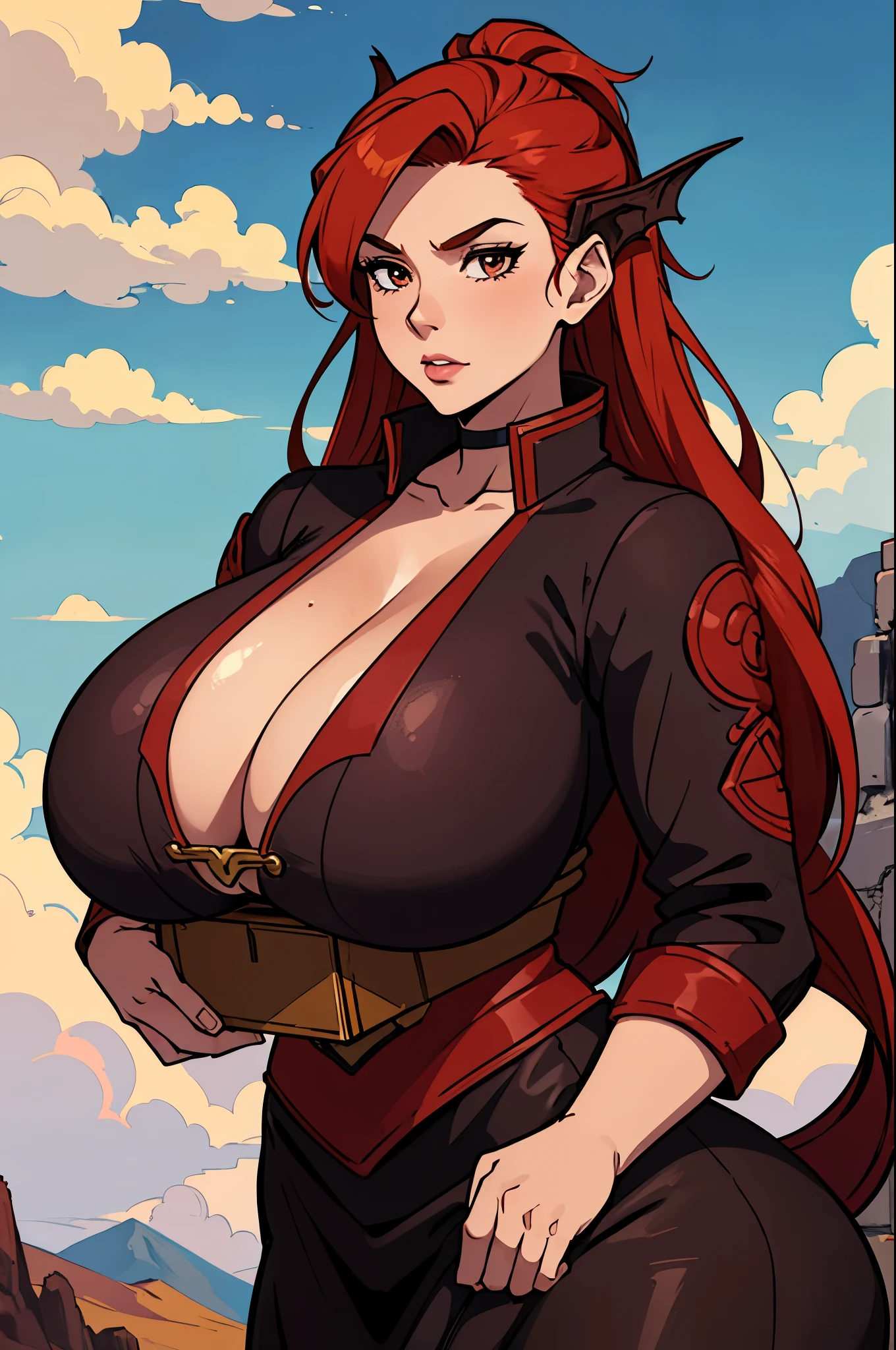 better quality, 1 redhead dragon woman, (gigantic chest:1.4), Brown eyes , long hair, aile de dragon, queue de dragon, on a mountain , near the clouds