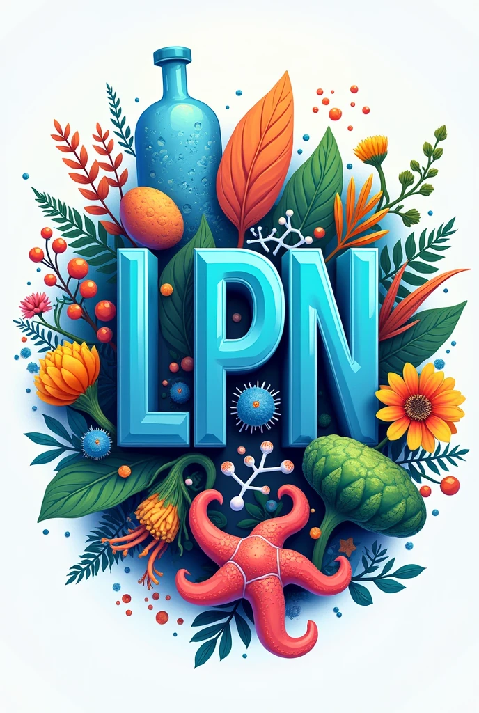 Logo of the Natural Products and Organic Synthesis Laboratory, that has plants, Marine organisms, microorganisms, organic molecules in 3D, chromatography equipment, MRI equipment, Let the word LPN natural products laboratory come out