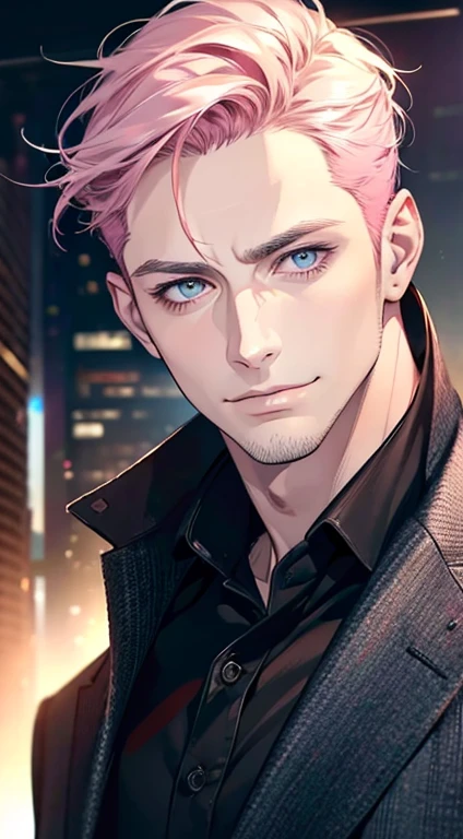 (best quality,4k,8k,highres,masterpiece:1.2),ultra-detailed,(realistic,photorealistic,photo-realistic:1.37),1 man,31 years old,mature man,very handsome,without expression,smile,short pink hair,blue eyes,penetrating gaze,perfect face without errors,imposing posture,businessman,office background,cinematic lighting,hdr image
