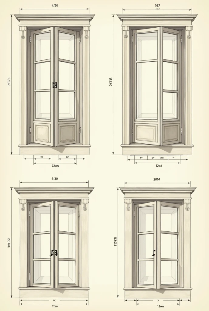 I need a wooden French window that contains its positions From the bottom of the window,
Front elevation Lateral elevation Posterior elevation And isometric In total there would be 5 parts