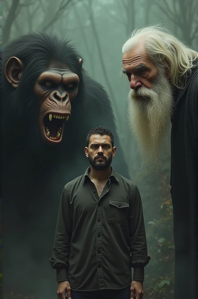 The man is looking at the camera, and to his left is a hairy, ape-like creature, and to his right is a very old, wrinkled man with long white