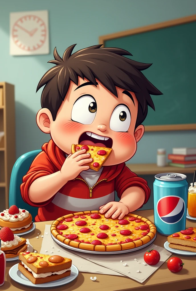 A greedy cartoon schoolboy eating candy, pizza, Soda, cakes