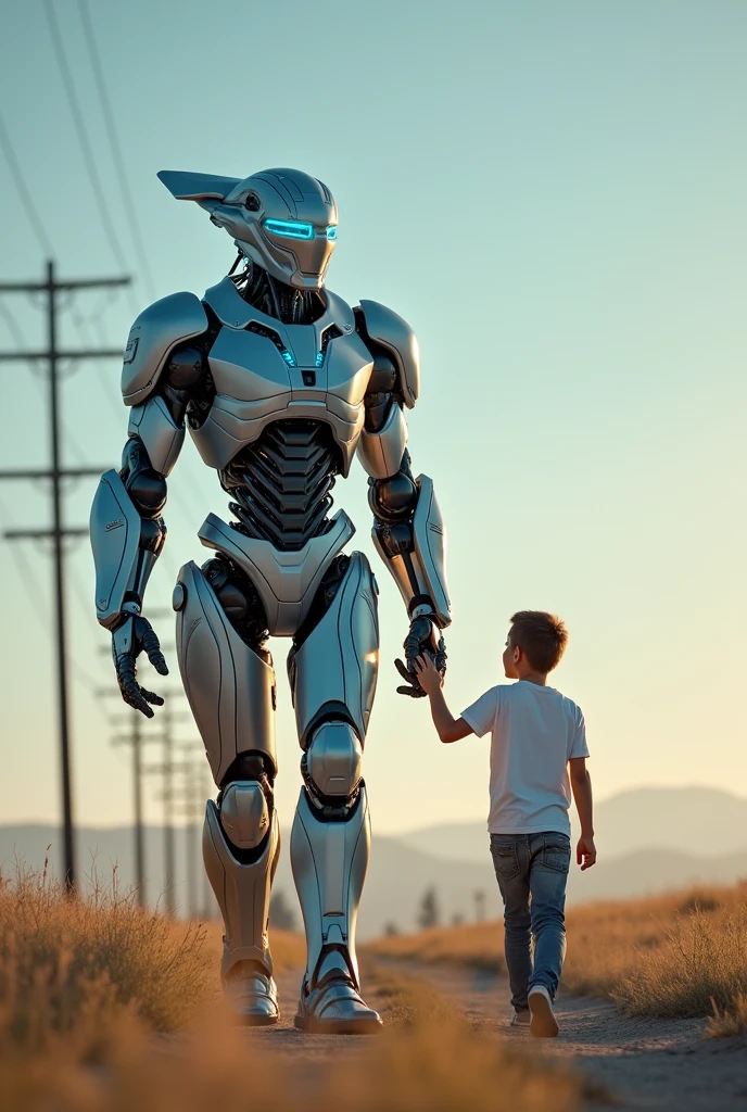 Personified electric generator holding a person's hand and both walking towards the horizon