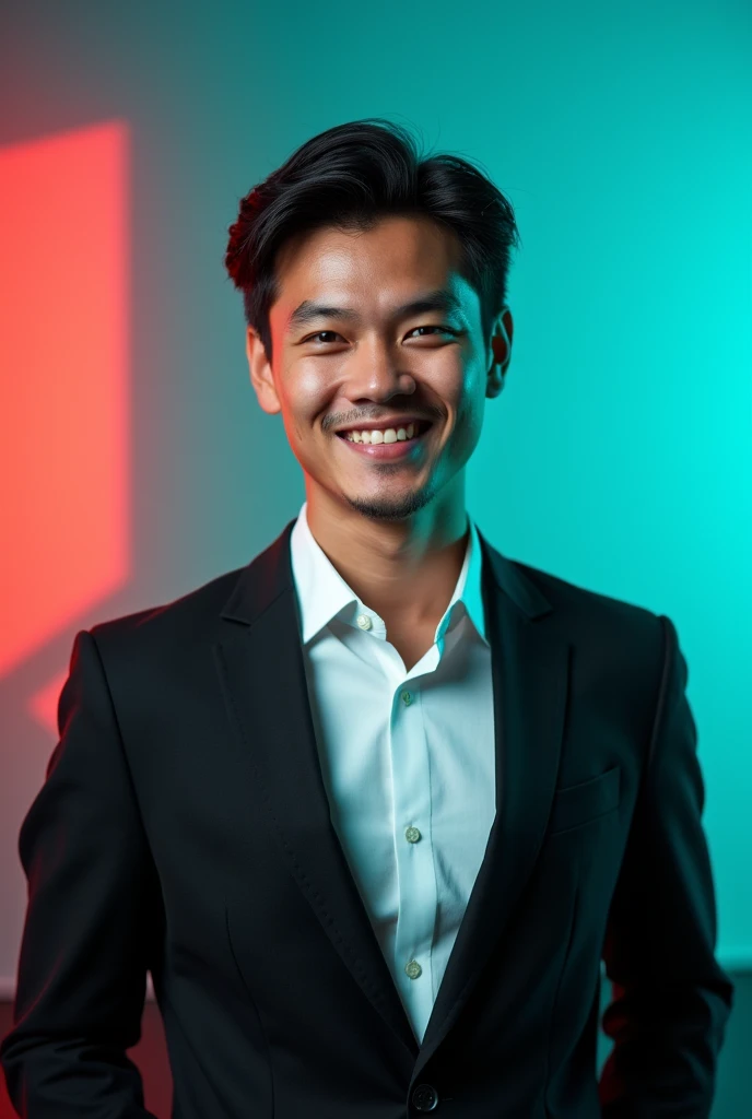 A
young man with dark hair and a confident smile. He is dressed in a black blazer over a white shirt. The man is positioned against aqua colour backdrop with a subtle red lighting on the left side. and he posing for LinkedIn profile
