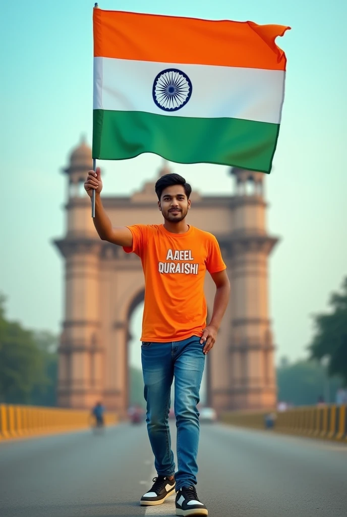 A real 20 years old boy, Wearing Orange T shirt blue jeans sneakers and the name "AQEEL QURAISHI " is written on his t-shirt and the boy is standing on the road with holding a national flag of India, and behind him is the Rumi Gate Lucknow Uttar Pradesh . And "Happy Independence Day 2024" written at above sky Create Realistic image high quality.