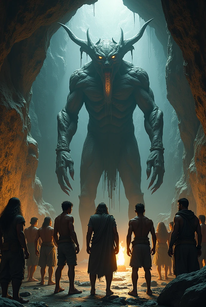 a men meet a creature in the cave