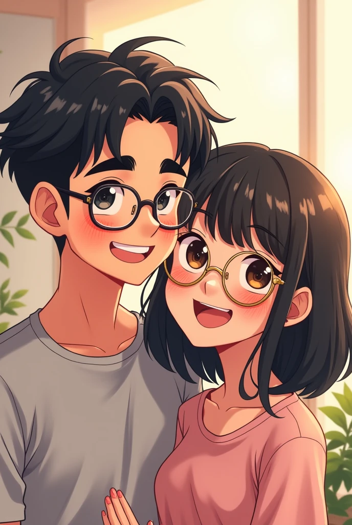 I want an anime couple with a man with thick eyebrows and round glasses and a girl with bangs also wearing round glasses.both happy