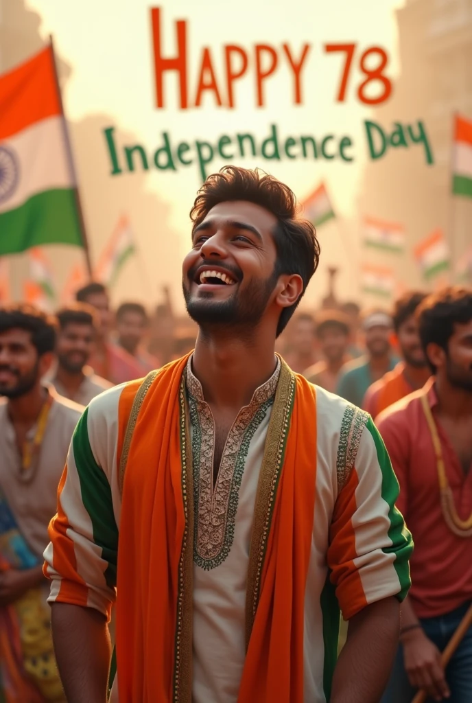 A real 20-year-old boy joyfully celebrates Indian Independence Day 2024. He is wearing traditional Indian outfits with the name "Aman Sahu" written on his attire. Above him, in the sky, the words "Happy 78 Independence Day" are displayed in a bold font. The backdrop is filled with people celebrating, enhancing the festive and patriotic spirit of the day.