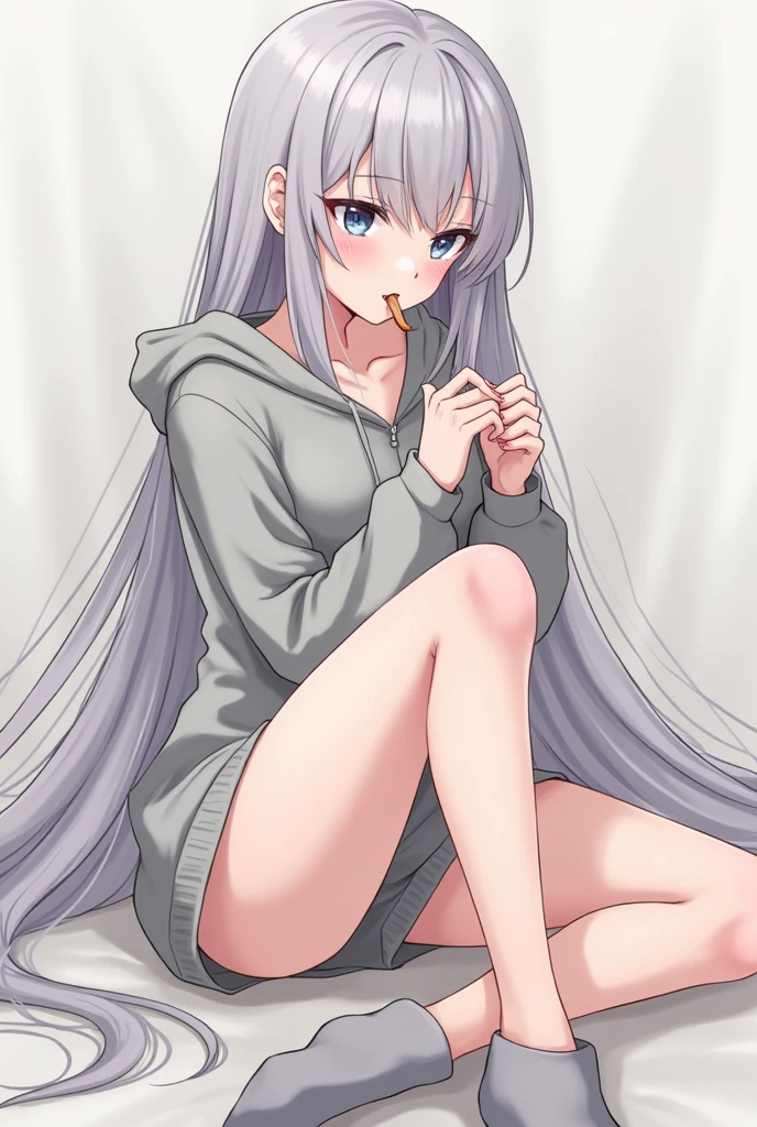 Loose grey hoodie,Small size spats,Gray Hair,long hair,blush,Blowjob,Show the whole picture,Slim beautiful legs,tongue,Licking a dick,anime