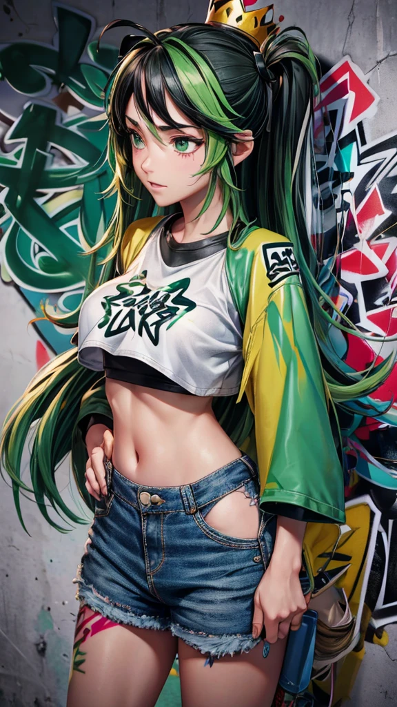 (Cowboy shot), (Best quality, Very high accuracy, Depth of field:1.2), (anime style),
grown ups, 1 woman, Relieve the body, Medium breast, Wide hips, Single, Black hair with two green streaks , streaked hair, long hair, Visits, Black and green crop top,With the crown,and white wings on the back,Latex shorts, denim shorts, (Graffiti:1.4), stained clothes paint, curved, Against the Wall, Looking at the scenes, upside down eyes, nikke, Monotonous, Hands relaxed at sides.