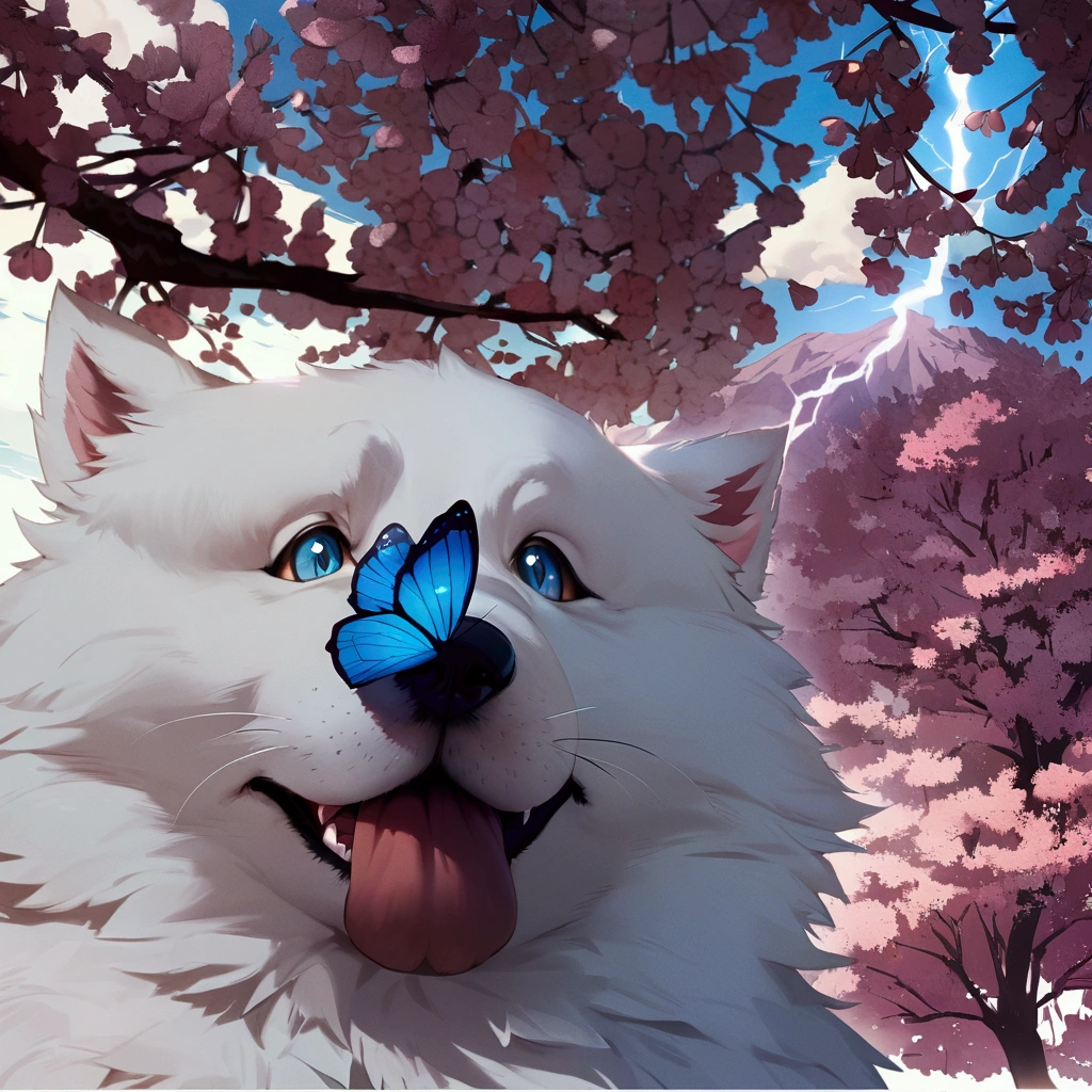 Cute anime dog with blue erfly sitting on its nose , bigger eyes , looking at the camera, furry , good lightning