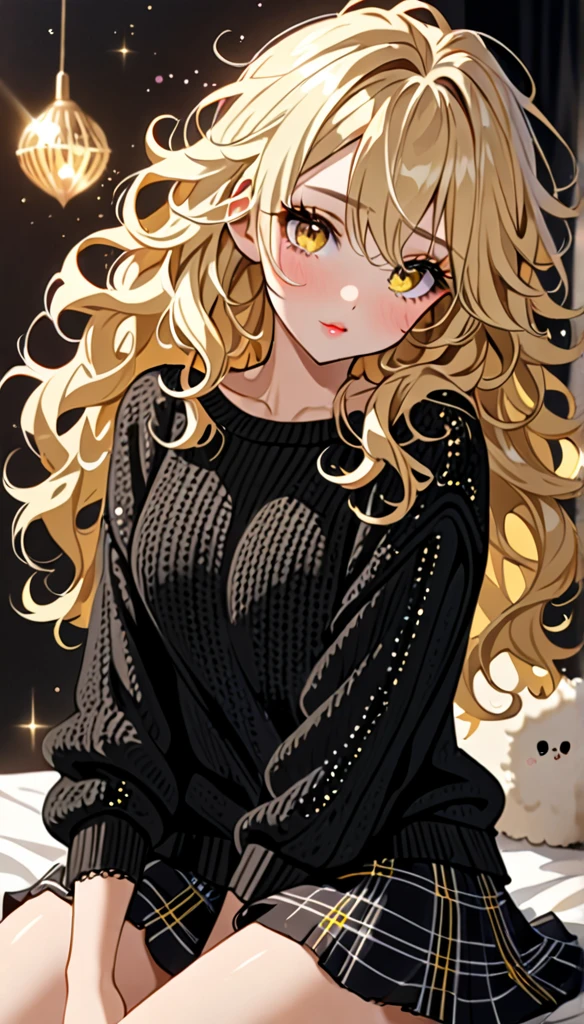 Beautiful and blond messy styled hair, best quality, delicate and dynamic depiction, beautiful woman, amorous and lewd expression, blonde messy wavy hair, light blonde hair, yellow eyes, make-up, wearing loose fitting black summer knit sweater and stylish skirt, sparkly fluffy