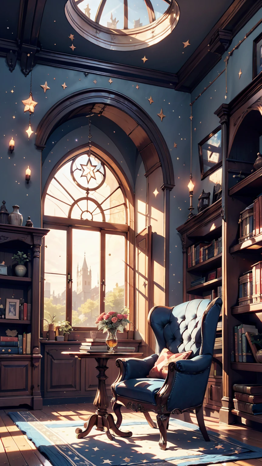 Castle tower, Harry potter, Hermione Granger、Ravenclaw, Lounge, Arched Windows, Blue silk hanging on the wall, Domed ceiling with stars, A deep blue carpet with stars, table, Chair, Bookshelf on the floor
