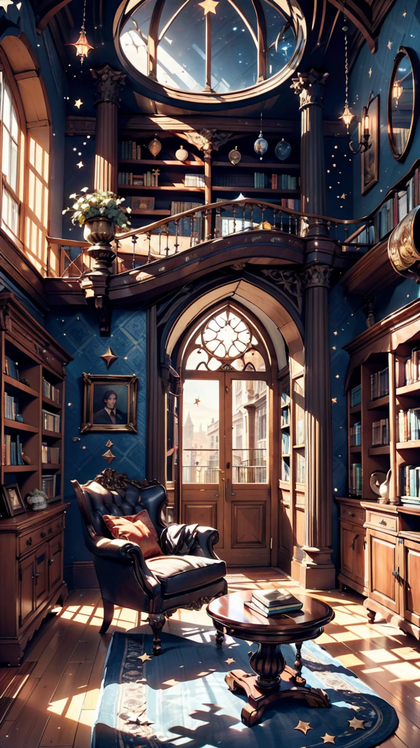 Castle tower, Harry potter, Hermione Granger、Ravenclaw, Lounge, Arched Windows, Blue silk hanging on the wall, Domed ceiling with stars, A deep blue carpet with stars, table, Chair, Bookshelf on the floor
