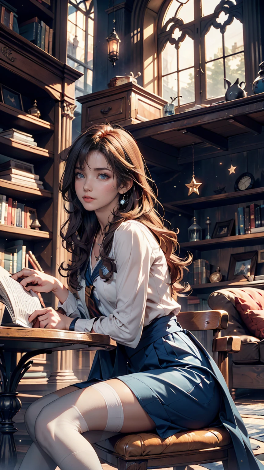 Castle tower, Harry potter, Hermione Granger、Ravenclaw, Lounge, Arched Windows, Blue silk hanging on the wall, Domed ceiling with stars, A deep blue carpet with stars, table, Chair, Bookshelf on the floor