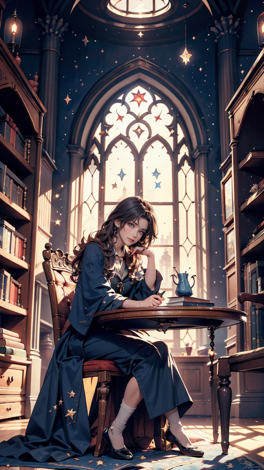 Castle tower, Harry potter, Hermione Granger、Ravenclaw, Lounge, Arched Windows, Blue silk hanging on the wall, Domed ceiling with stars, A deep blue carpet with stars, table, Chair, Bookshelf on the floor