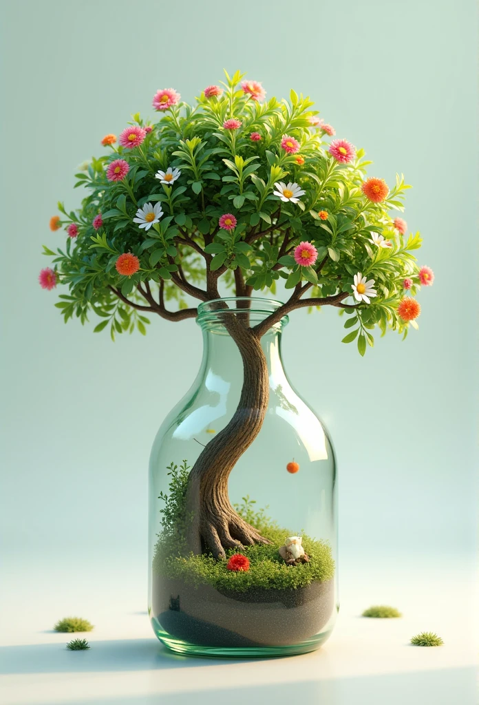 dream likeartistry tree in a bottle, cuddly, realisitic, photoshot, Canon, dream like, artistry, colorful leaves and branches with flowers on top of the head. hyperdetailed photoshotrealism by greg rutkowski - h 1024 w 804 | f 1 6 lens brand 2:2s 3555mm film grain :1 contraste de foco nítido e realisitic de alta resolução!! intricate detailed atmospheric light refraction lighting unreal engine 5 cinematic concept photoshotgraphy masterpiece octane render trending at cgsociety rendered as