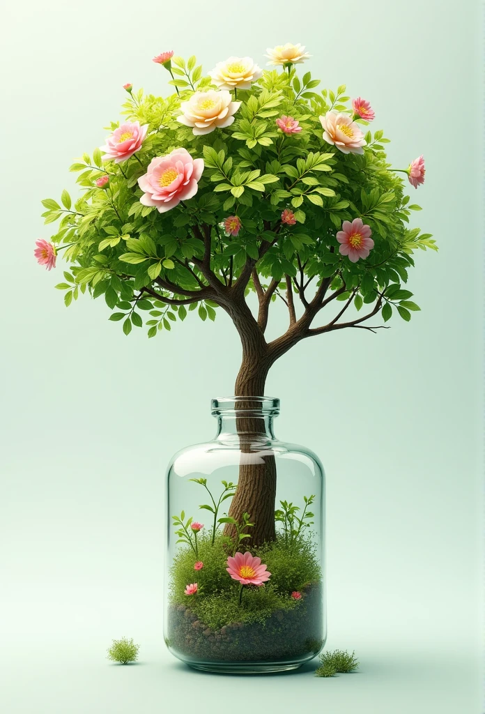 dream likeartistry tree in a bottle, cuddly, realisitic, photoshot, Canon, dream like, artistry, colorful leaves and branches with flowers on top of the head. hyperdetailed photoshotrealism by greg rutkowski - h 1024 w 804 | f 1 6 lens brand 2:2s 3555mm film grain :1 contraste de foco nítido e realisitic de alta resolução!! intricate detailed atmospheric light refraction lighting unreal engine 5 cinematic concept photoshotgraphy masterpiece octane render trending at cgsociety rendered as