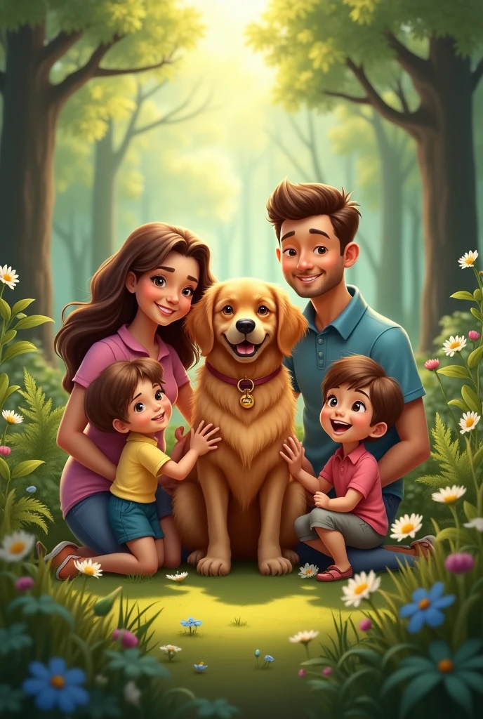 Create a poster of a dog with his family, must have a forest background 