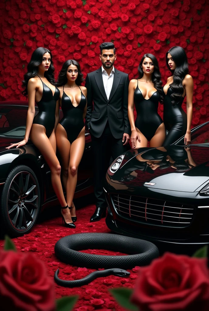 Four hot girls , one men in center , four luxury black car in background , red roses in girls hand , girls dressed in black , black cobra snake