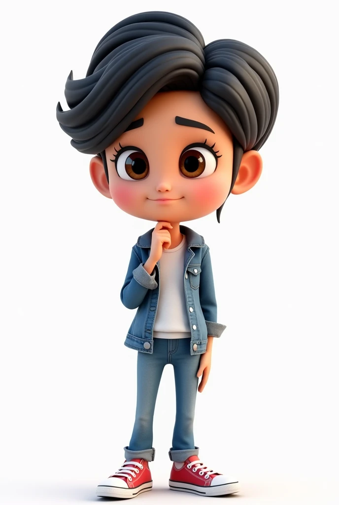 3D Cartoon, woman, young, very short black hair, brown eyes, wearing a white t-shirt, denim jacket, jeans and all star sneakers. Looking at the camera and paying attention to an explanation with hand on chin. Transparent Background
