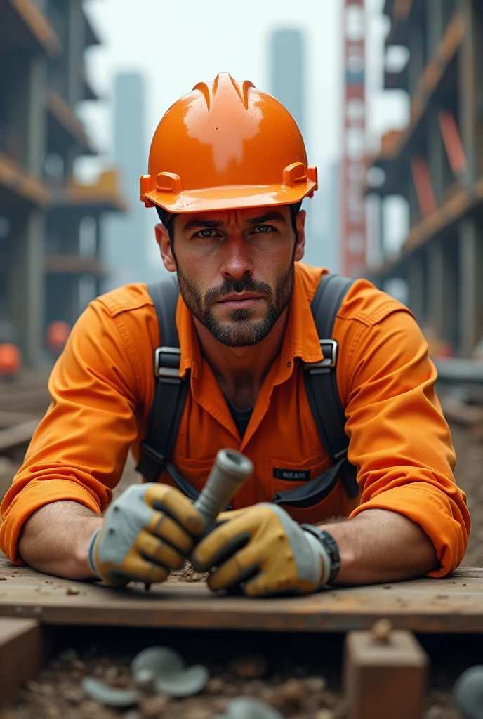 (photorealism:1.2), Handsome engineer with orange helmet and orange shirt, working on construction site