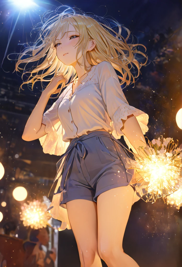 ((masterpiece)),(((Highest quality))),Thin thighs,Long legs,whole body:1.5，(One Girl:1.3),(More beautiful casual summer outfits：1.3),(Wearing light casual clothes:1.2),Short Blonde:1.2、Model pose，Gravure idol、
、flowerpunk、Sparkling light particles、Vivid gradient effect