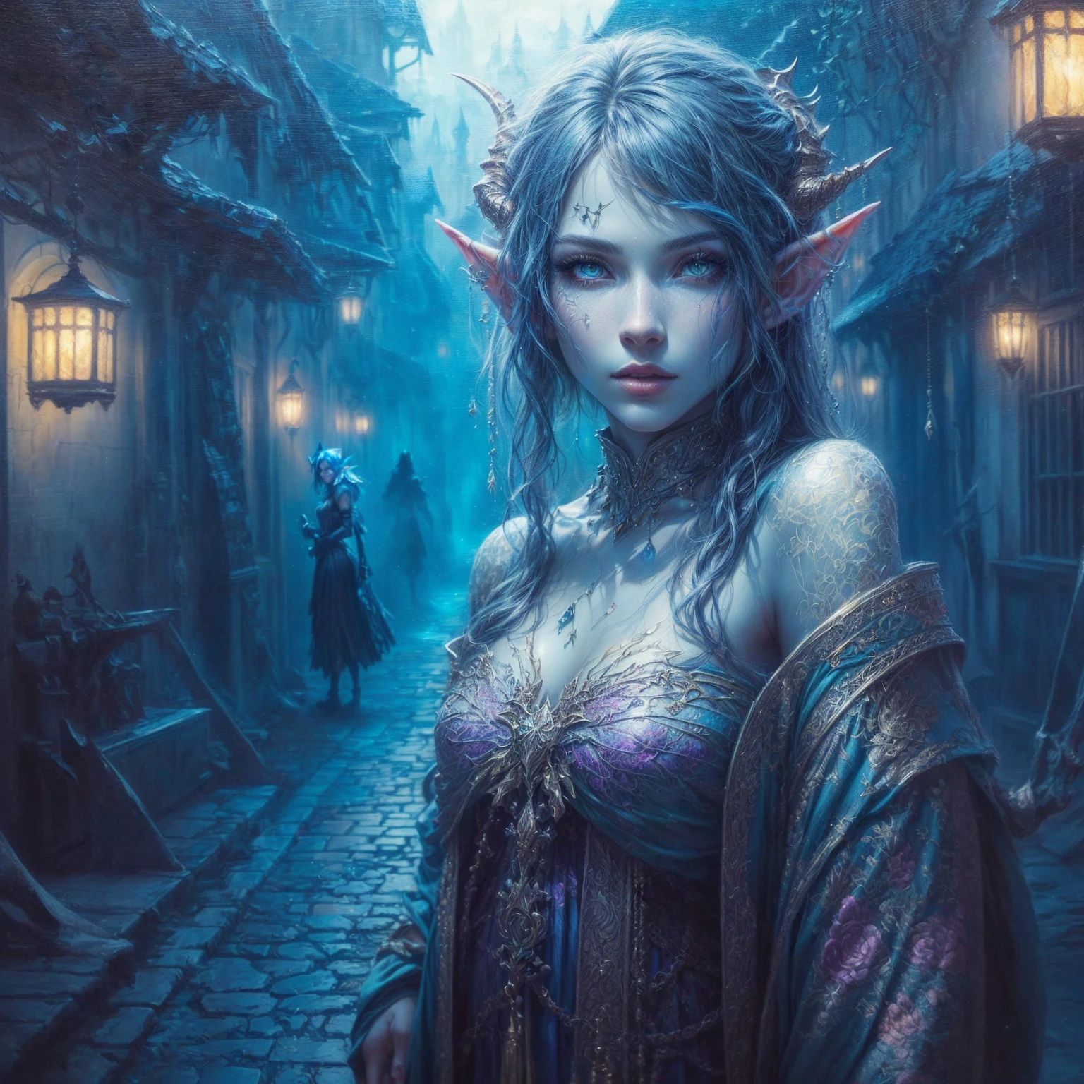 a close-up of a woman in a dress with horns on her head, detailed Fantasy art, hyper-realistic fantasy art, hd Fantasy art, detailed matte fantasy portrait, Realistic fantasy artwork, realistic fantasy painting, Blue-skinned elf, 4k fantasy art, hyperrealistic d & d Fantasy art, Fantasy Oil Canvas, Art in Fantasy Style, highly detailed Fantasy art, Portrait in the fantasy genre