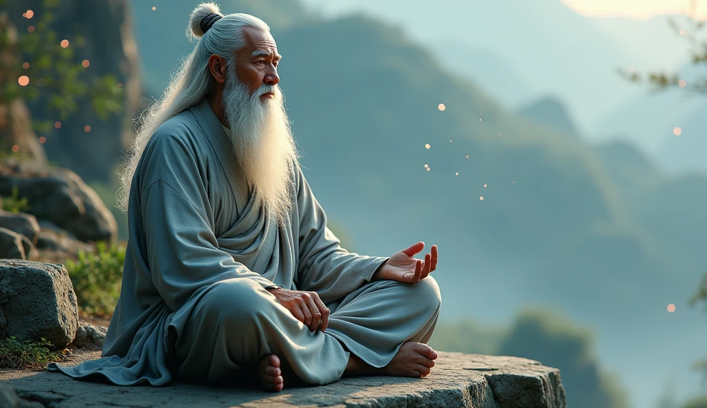 30-year-old Asian middle-aged Taoism elder sitting on a stone close-up,Long white hair,Long beard,meditate with your legs crossed,Taoism, Wearing a grey robe and gazing into the distance,Magical Aura,Taoism master,Taoism,Very bright color, Particles of light, The light shines, Musibu, Wallpaper Art, UHD wallpaper