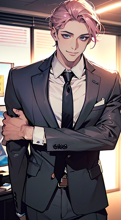 (Highest quality,4K,8K,High resolution,masterpiece:1.2),Super detailed,(Realistic,photoRealistic,photo-Realistic:1.37),1 person,31 years old,Mature Men,Beautiful skin、very handsome,Expressionless,smile,CEO in his office, huge with classic and modern architecture looking at his prey with a mischievous smile. wearing a modern grayish brown suit, with a black tie and yellow stripes. Short gray pink hair,blue eyes,Sharp Eyes,A perfect face without a doubt,Businessman,Office Background,Cinema Lighting,HDR image,tie、