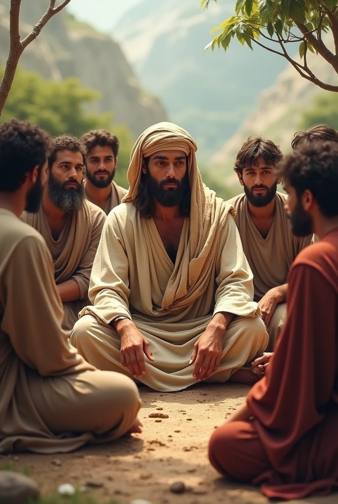 Jesus with headscarf sitting on the ground teaching his male disciples