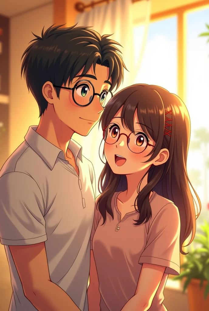 I want an anime couple with a man with thick eyebrows and round glasses and a girl with bangs also wearing round glasses.both happy