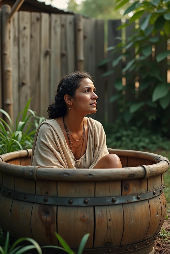 (best quality: 1.4), (Ultra Highres: 1.2), (photorealistic: 1.4), (8k, RAW photo: 1.2). The description of the Samaritan woman's physical appearance is not detailed in the biblical narrative, but her Samaritan origin suggests that she likely had similar characteristics to other people in the region, the story of the Samaritan woman, she is bathing in an old wooden tub in the backyard from your home