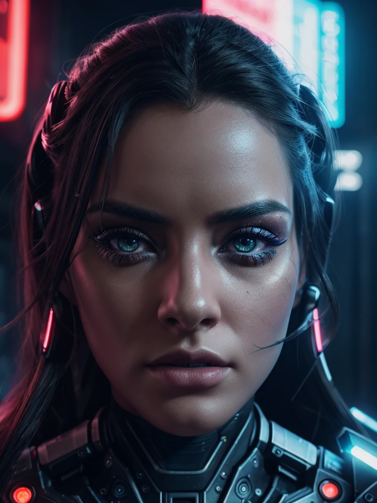 beautiful detailed eyes,beautiful detailed lips,extremely detailed eyes and face,longeyelashes,1girl,science fiction,futuristic,cyborg,android,robot,cyberpunk,neon lights,glowing circuits,advanced technology,dramatic lighting,dystopian,dark shadows,moody atmosphere,(best quality,4k,8k,highres,masterpiece:1.2),ultra-detailed,(realistic,photorealistic,photo-realistic:1.37),cinematic,dramatic,vibrant colors,neon color palette