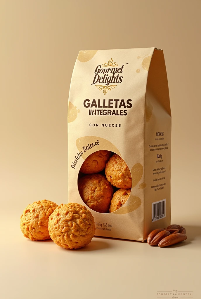 Create a high quality COOKIE package to launch on the market "WHOLEGRAIN COOKIES WITH " the company is called "Gourmet Delights" Take into account protection factors, Ingredients, presentation, sustainability. Keep in mind that it is in Colombia and all the steps necessary to bring it to market, but it should be in Spanish and attract attention. Let the nuts the nutrition table be visible and indicate if they have sweeteners or sugars.. Let it be a quality package and it be for 6 units of cookies.. How would you indicate the above to an AI that generates images IN SLIDING BOXES?