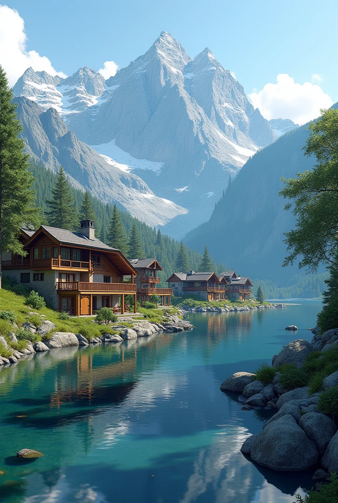 Beautiful houses in the mountains on the shores of a lake2