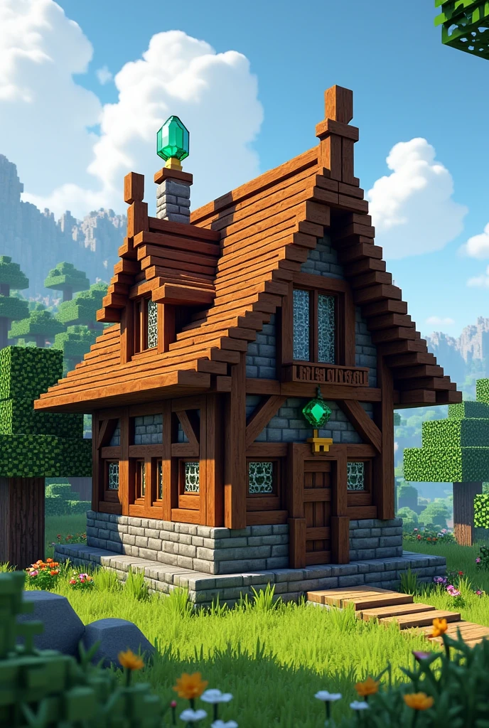 Create an image of a Minecraft scene featuring a medieval villager-style house (villagers). The house must have a robust wooden structure, built with pine logs (spruce logs) and pine boards (spruce planks), with a stone brick base (stone bricks). The roof should be sloping and pointed, made with pine ladders (spruce stairs). Windows should be decorated with pine fences (spruce fences), and the entrance must have a pine door (spruce door).
On top of the house, there must be a big emerald, represented not as a block, but like the classic Minecraft emerald item, decorating the highest point of the roof. The house should be situated in a grassy area with a few scattered trees and colorful flowers around..