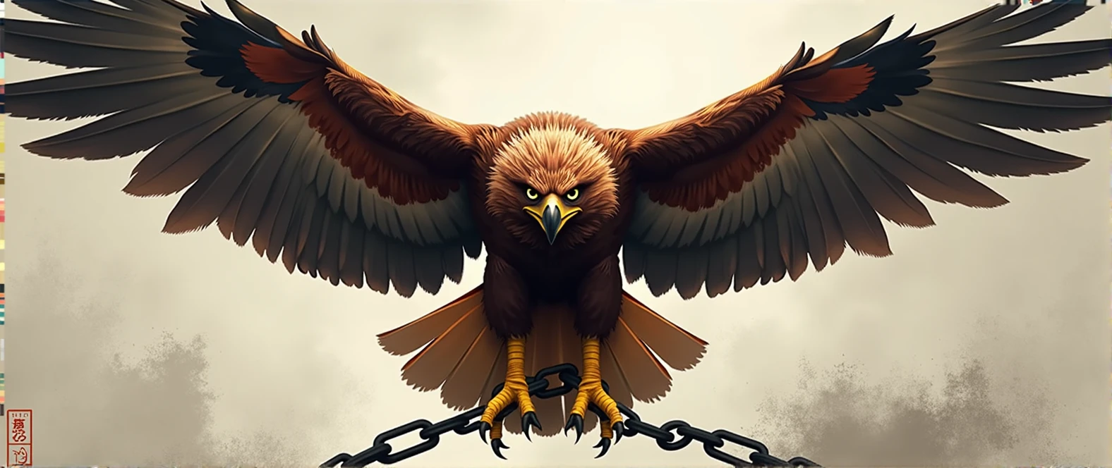 angry hawk, breaking chains with its paws.