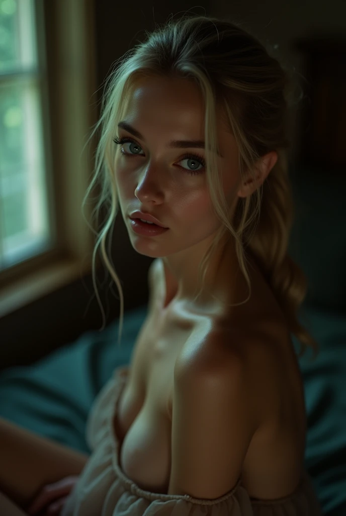 (((ultra realistic))) Photo, masterpiece, top quality, (pale skin), (Ultra detailed face and eyes:1.3), 1 girl, ((Adult)) , naked, (Eye makeup, mascara), ((sensual and thin lips)), ((blonde elegant ponytail hair)), ((elegant Stylish hairstyle)) , ((deep blue eyes)), (Natural breasts). ((Posing)), photoshoot, (Soft) Lighting, (The play of light and shadows in a dark room), depth of field, bokeh, (special attention to skin detail: 1.2), Detailed leather texture, skin pores. (Warm atmosphere of the frame. color scheme - black, Red, green tones), UDR, ((Film grain)), (moon rays), ((open full body view, extemely detailed)) , ultra detailed, naive sexy woman, translucent blouse, woman sitting in bed, (cozy night bedroom), ((slim long leg)),