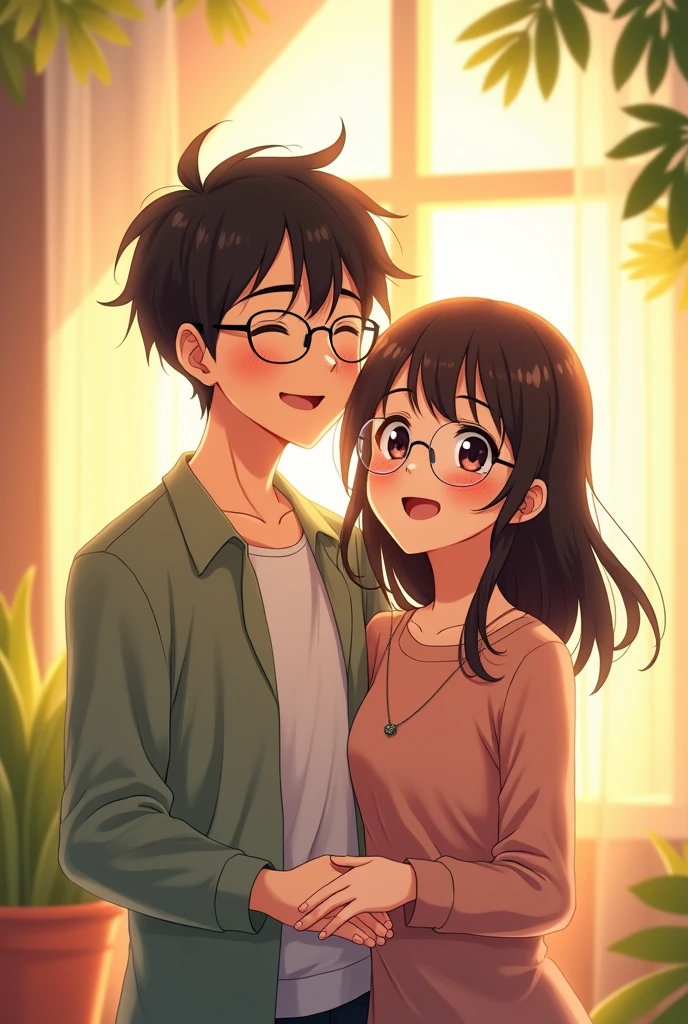I want an anime couple with a man with thick eyebrows and round glasses and a girl with bangs also wearing round glasses.both happy