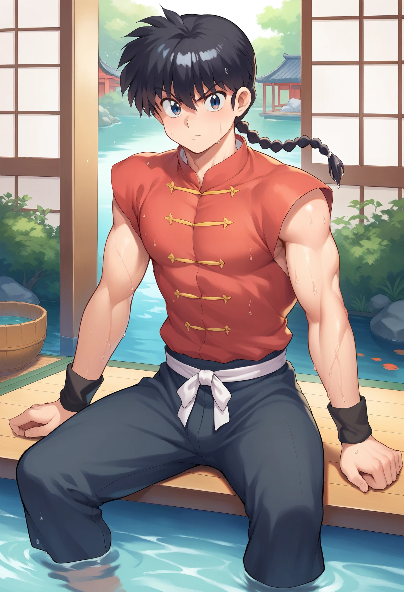 score_9, score_8_up, score_7_up, 1boy, solo, , male focus,ranma saotome, braid, black hair, single braid, braided ponytail, blue eyes, pants, chinese clothes, tangzhuang, black wristbands, wet, sitting on water, inside a pond, upset, standing, looking at you, japanese house, backyard