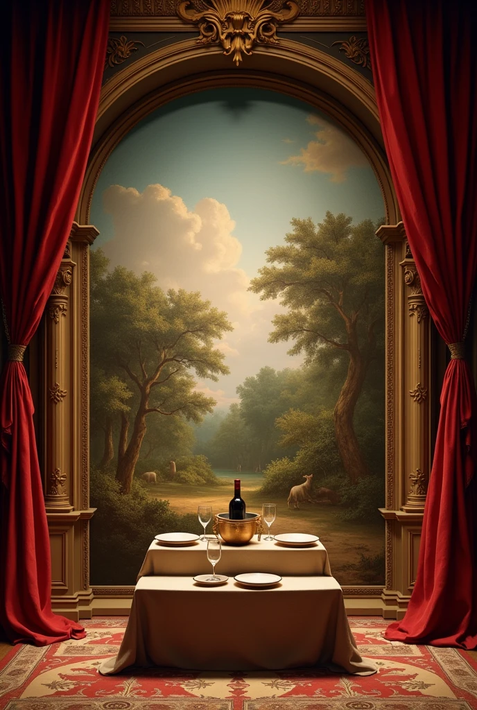 A theatre stage. Towards the procenium is a canvas that covers the width of the stage, with paintings of a bushy 18 century Africa. In the middle of the stage is a slightly raised square podium, where there's a table for two, neatly set with plates, Cutlery, glasses and bottle of wine in an ice bucket