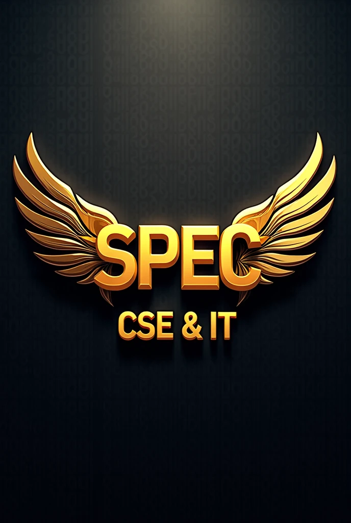Create a logo with following information
Name : SPEC
it's in 3D format. Color Gold and ads wings to the logo
Below the logo add : CSE & IT with gray color. And in 3 D format
Back ground of the image Binary code