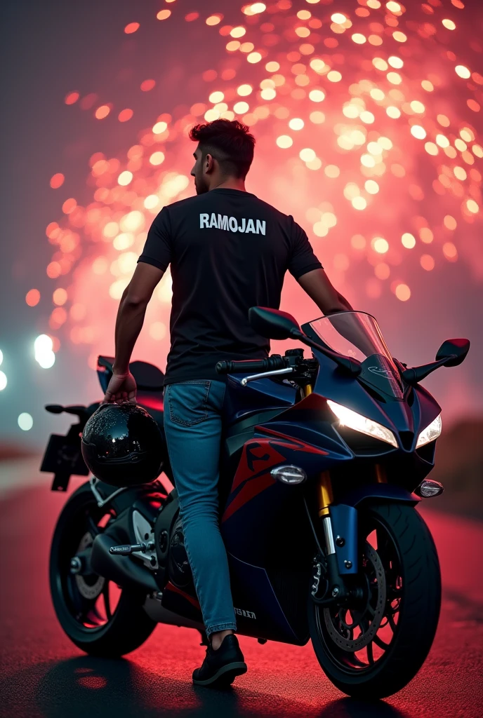Hi Leonardo, I want you to generate an image, A Lawyer who is with a sports bike. The background of the image must be fireworks, The lawyer must be wearing a t-shirt with the name RAMOJAN on the back., In his right hand he must carry a certified helmet.
The image must be like a WhatsApp profile.
The image should be a little further away, not so close