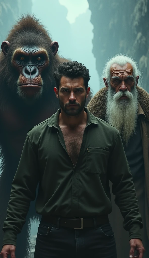 The man is looking at the camera, and to his left is a hairy, ape-like creature, and to his right is a very old, wrinkled man with long white